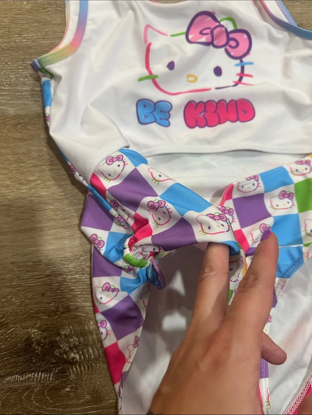Hello Kitty White One-Piece Swim Suit with Rainbow Check - cutout